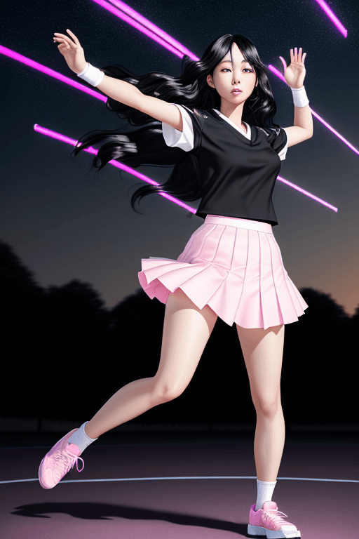 AI generated: blacklight, (beautiful young Japanese woman, with jet black hair in long waves, wearing a white tenn...