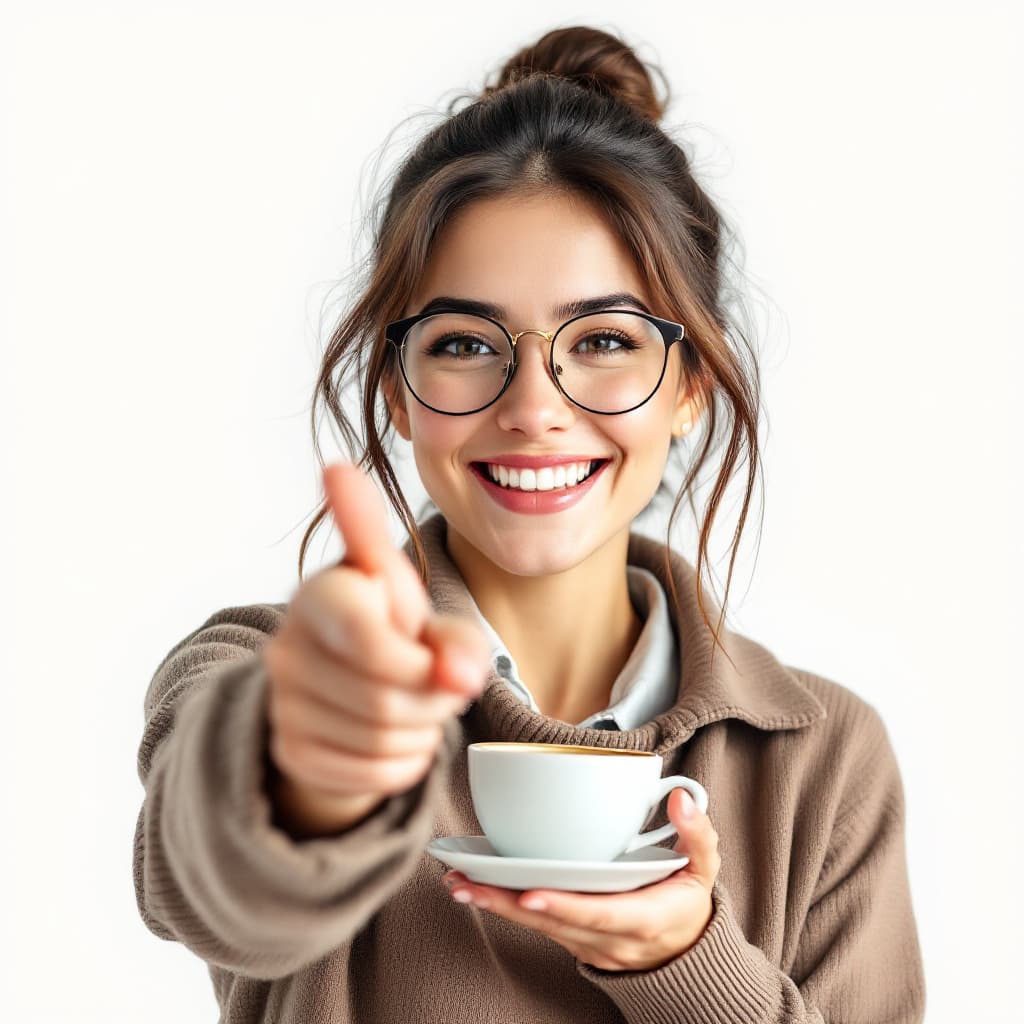 AI generated: A smiley woman with glasses and a coffee in hand pointing towards the camera, 4k