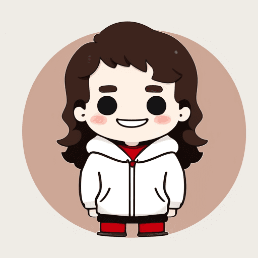 AI generated: white guy with wavy brown hair wearing red hoodie grinning in kawaii doodle style, minimalist design...