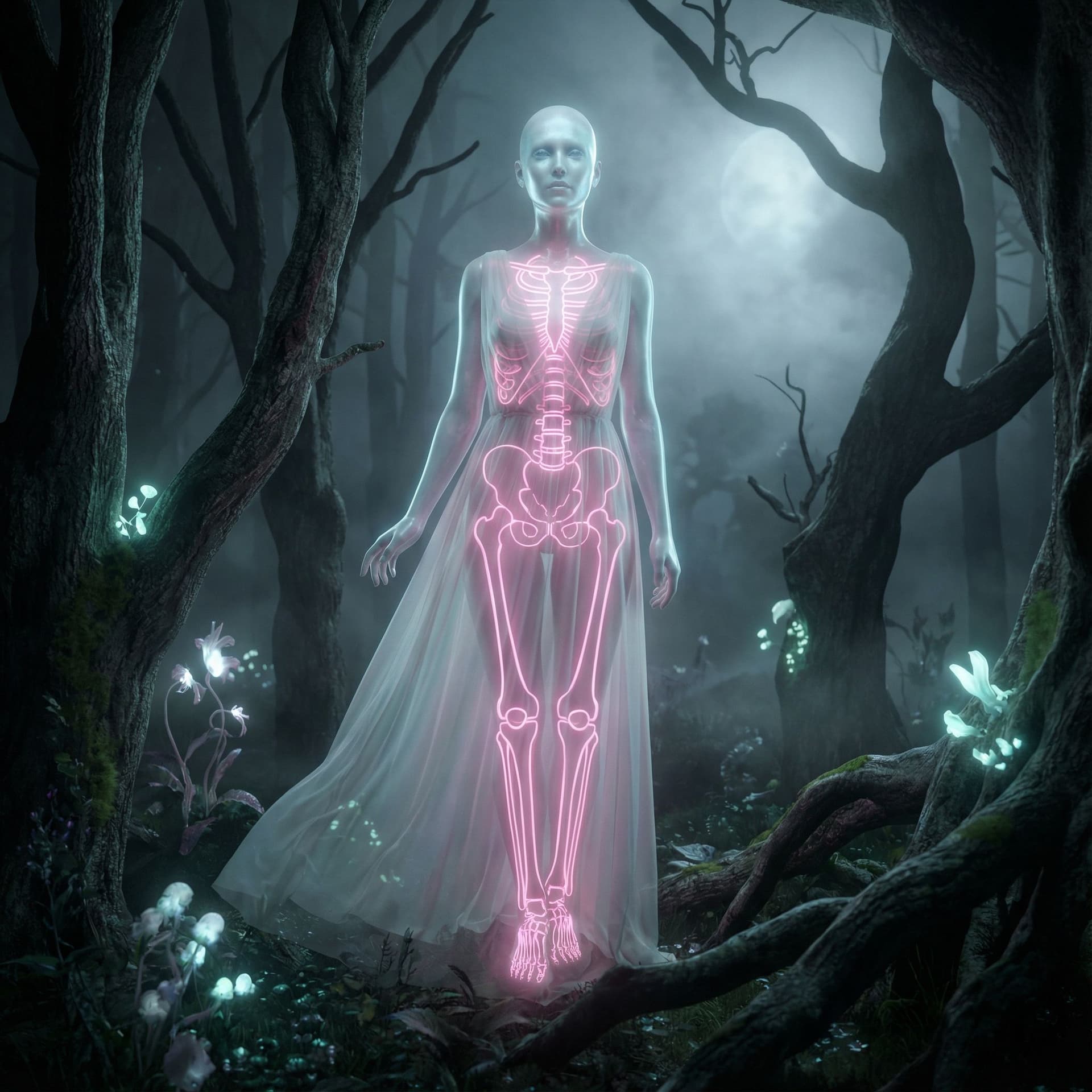 AI generated: full body shot of an albino woman with transparent skin, glowing pink neon skeleton visible through ...