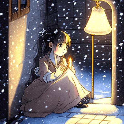 AI generated: A highly detailed anime-style illustration of "The Little Match Girl," inspired by the original stor...