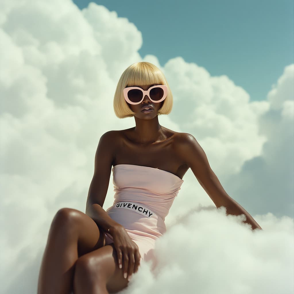 AI generated: A photo of an eccentric black woman sitting on top of white fluffy clouds wearing big sunglasses and...