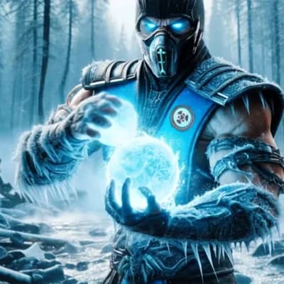 AI generated video: Jégharcos egy izzó kék gömböt varázsol, még inkább lágyan lebeg körülötte és fenyőfák ringatóznak lá...