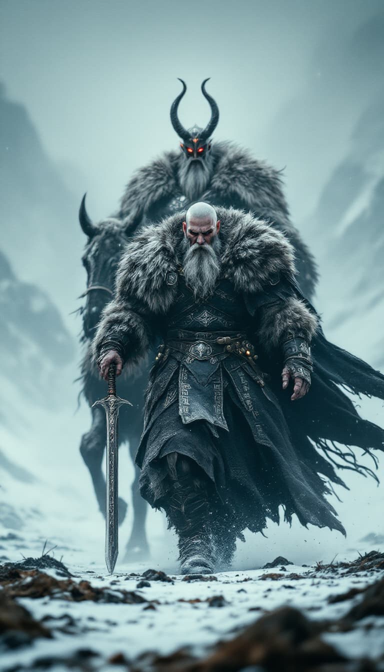 AI generated: An ultra-realistic, zoomed out, front facing full-body portrait of a towering Berserker, his fur-lin...