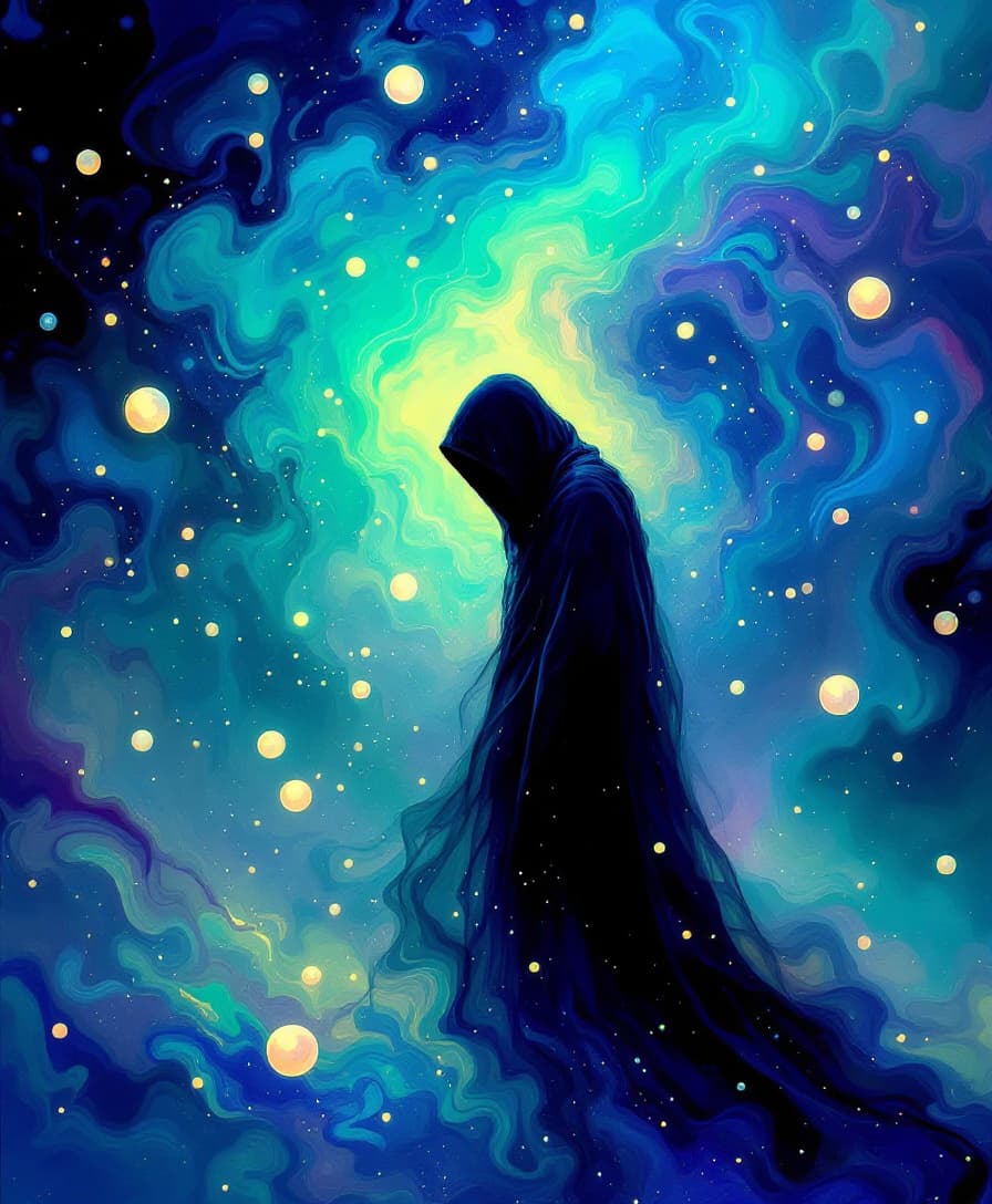 AI generated: A hooded figure stands amidst a surreal dreamscape, their bowed head and muted posture embodying sol...