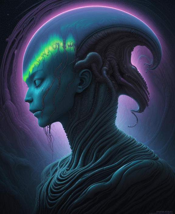 AI generated: a detailed painting portrait inspired by moebius and beksinski of a vibrant liquid melting xenomorph...