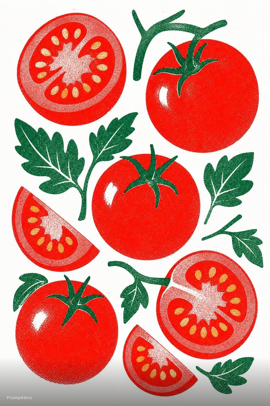 AI generated: vivid red tomatoes with simple green leaves arranged organically, sliced tomatoes and whole tomatoes...