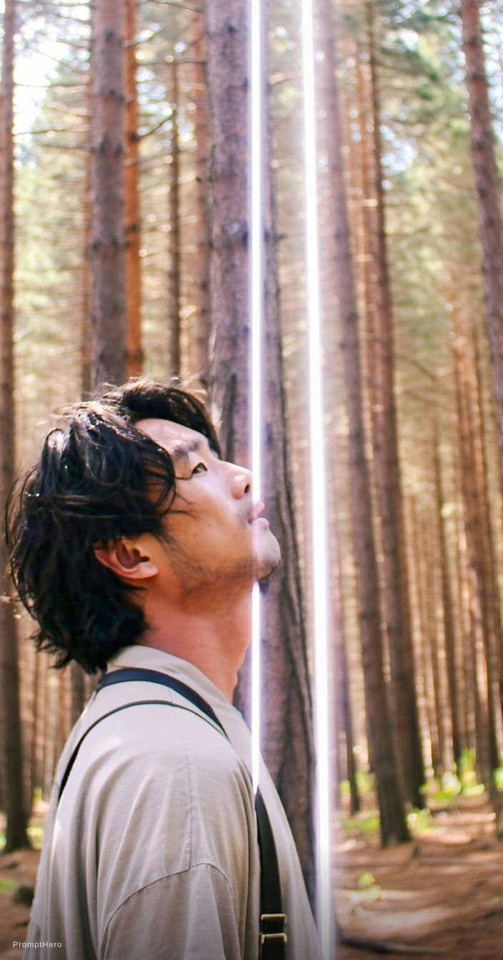 AI generated: A cinematic portrait of an Asian man standing in a quiet forest, captured in a spontaneous moment as...