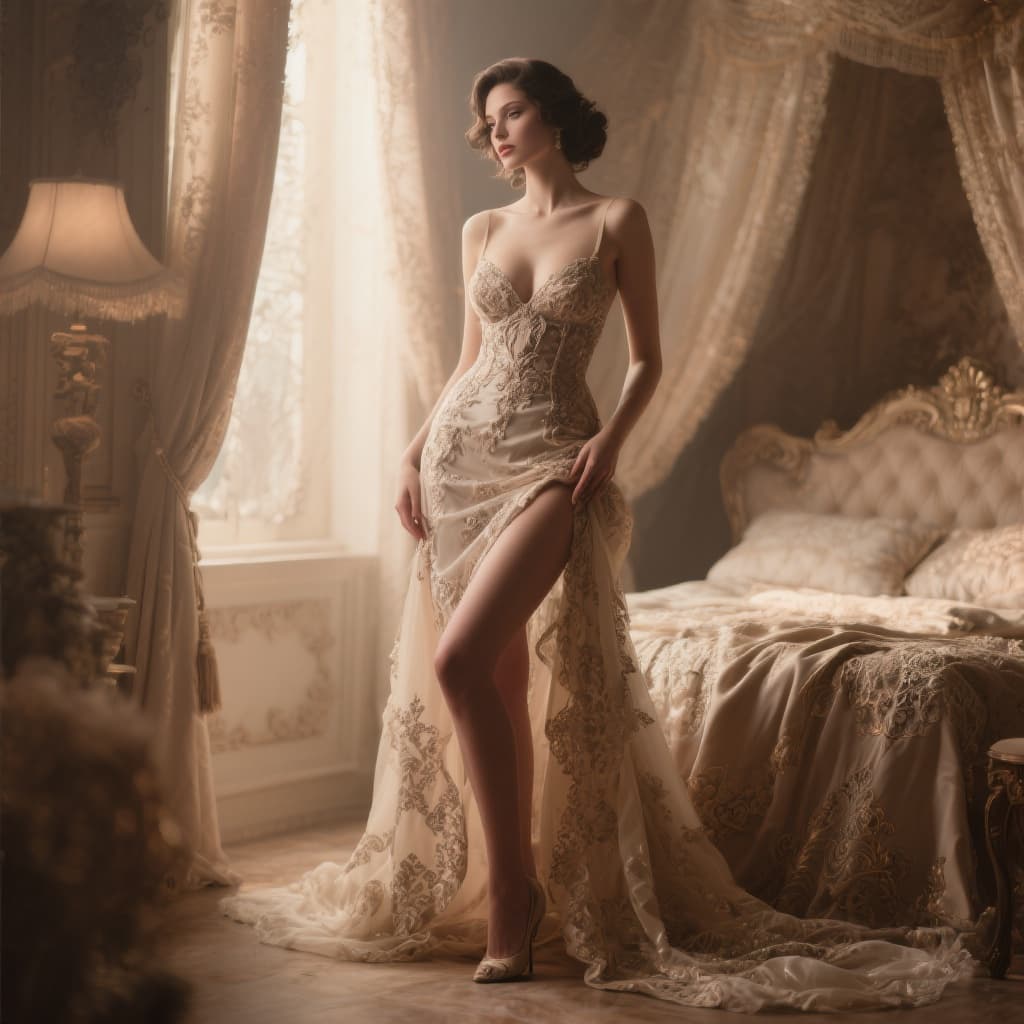 AI generated: full length portrait, boudoir photography, sexy poses, elegant and alluring, soft lighting, vintage ...