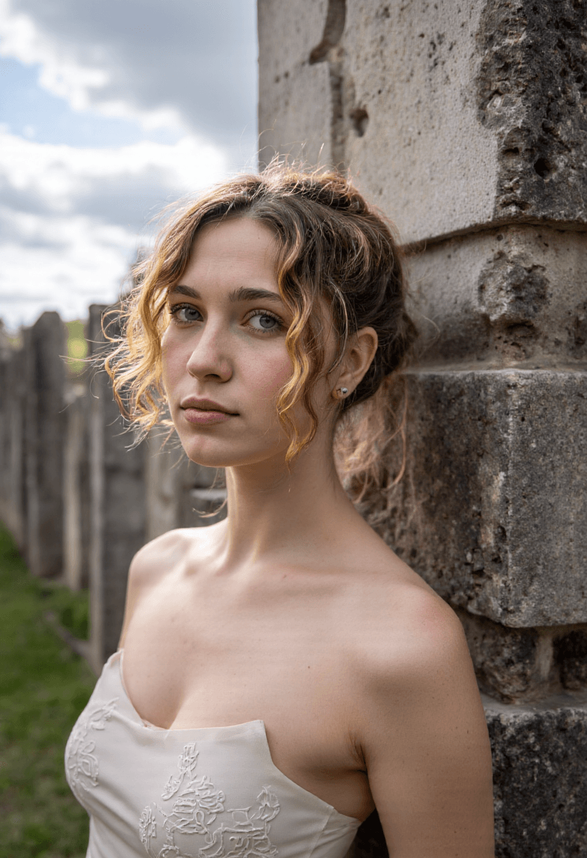 AI generated: A woman leans against the weathered stone wall, her style radiating through every detail of her appe...