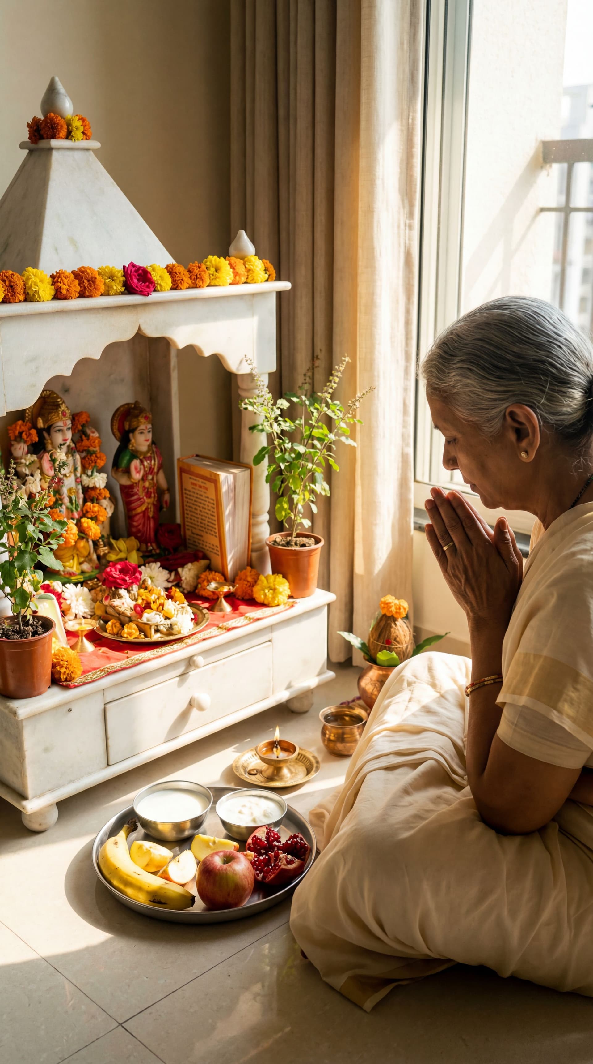 AI generated: Simple satvik thali with fruits and milk, devotee offering prayers at sunrise, calm home shrine, spi...