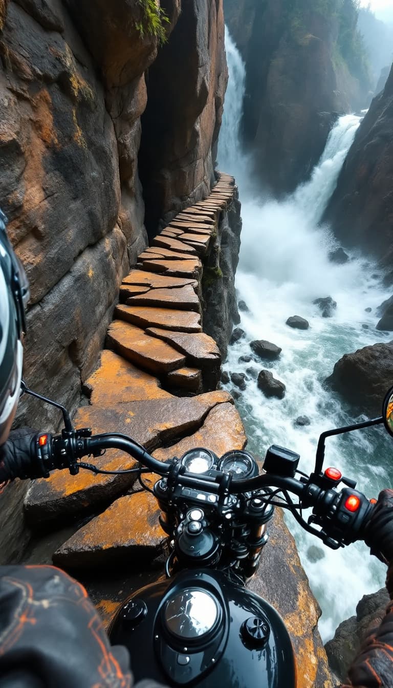 AI generated: POV helmet camera shot of a Harley-Davidson Iron 883 rider descending a fractured walkway carved int...