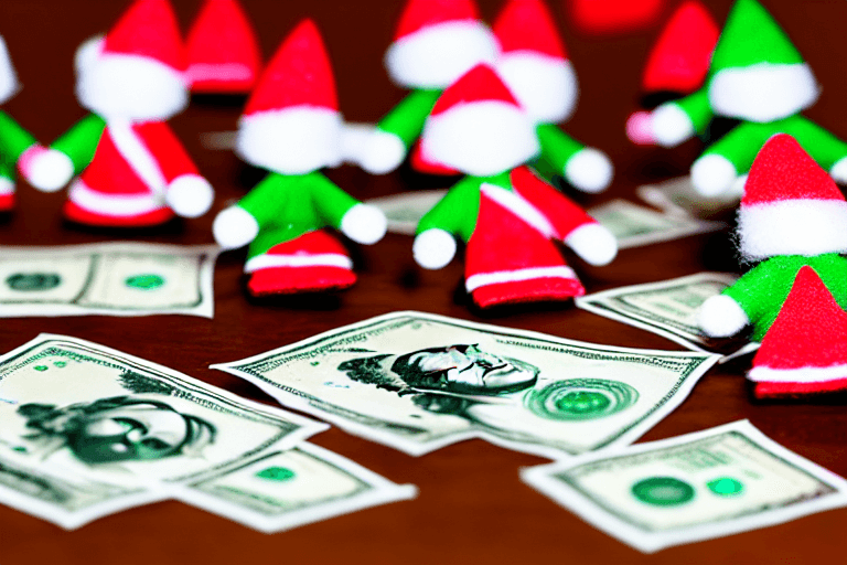 AI generated: 10 elves writing on computers with money on the floor photograph