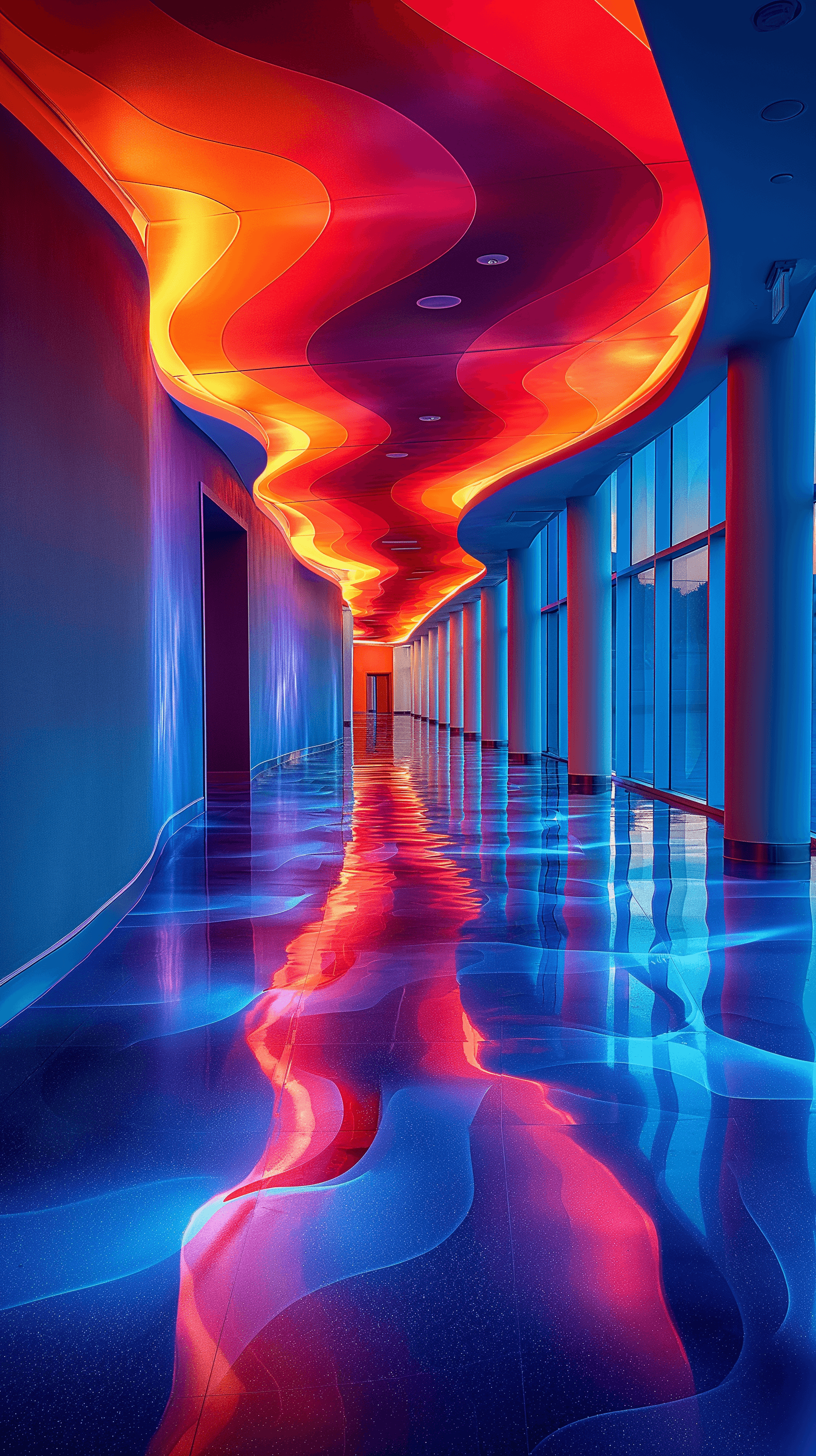AI generated: vibrant and futuristic lobby area with dynamic lighting and bold architectural lines, floor is a glo...