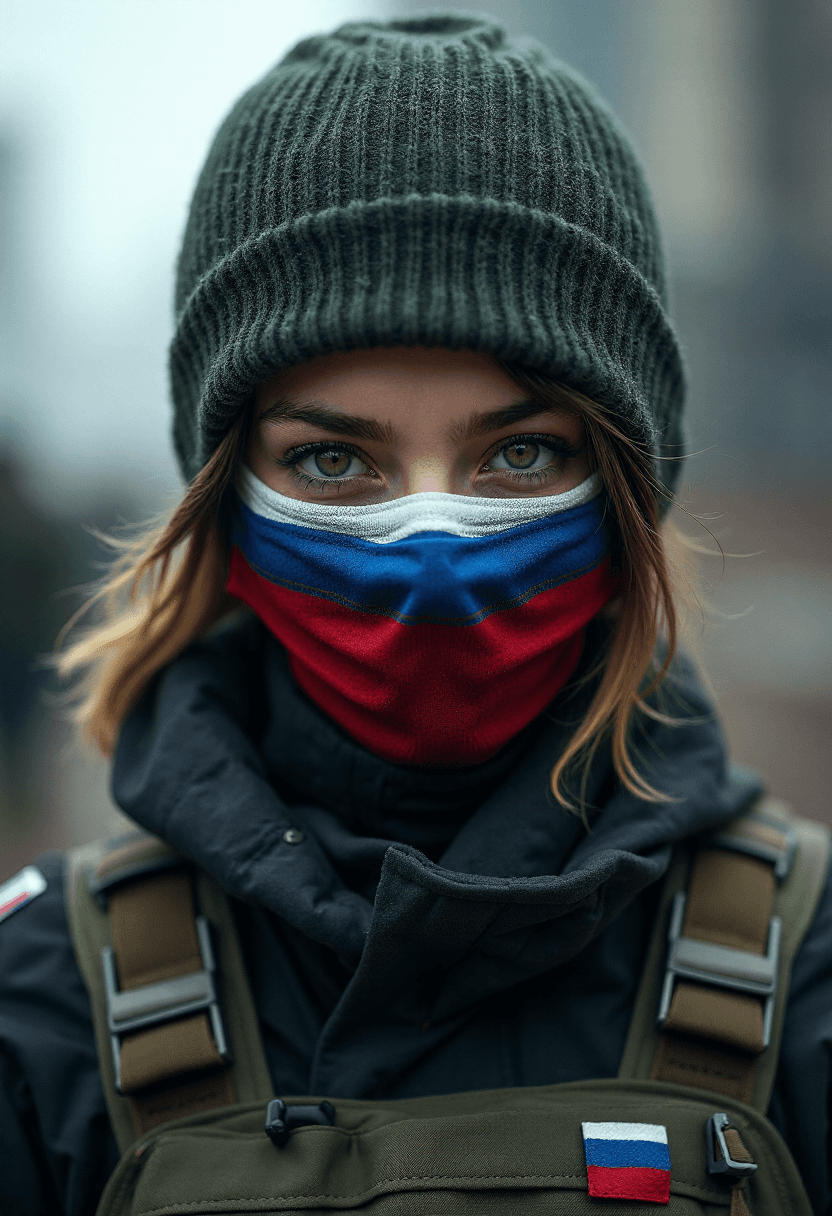 AI generated: Create a striking portrait of a female soldier wearing a tactical mask. The mask is designed with a ...