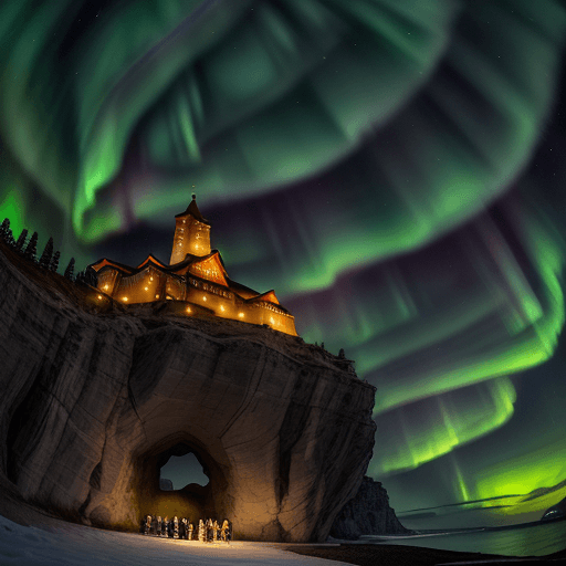 AI generated: Realistic raw photo of a cliffside monastery CLOSE TO THE BEACH in NORDIC style during early afterno...