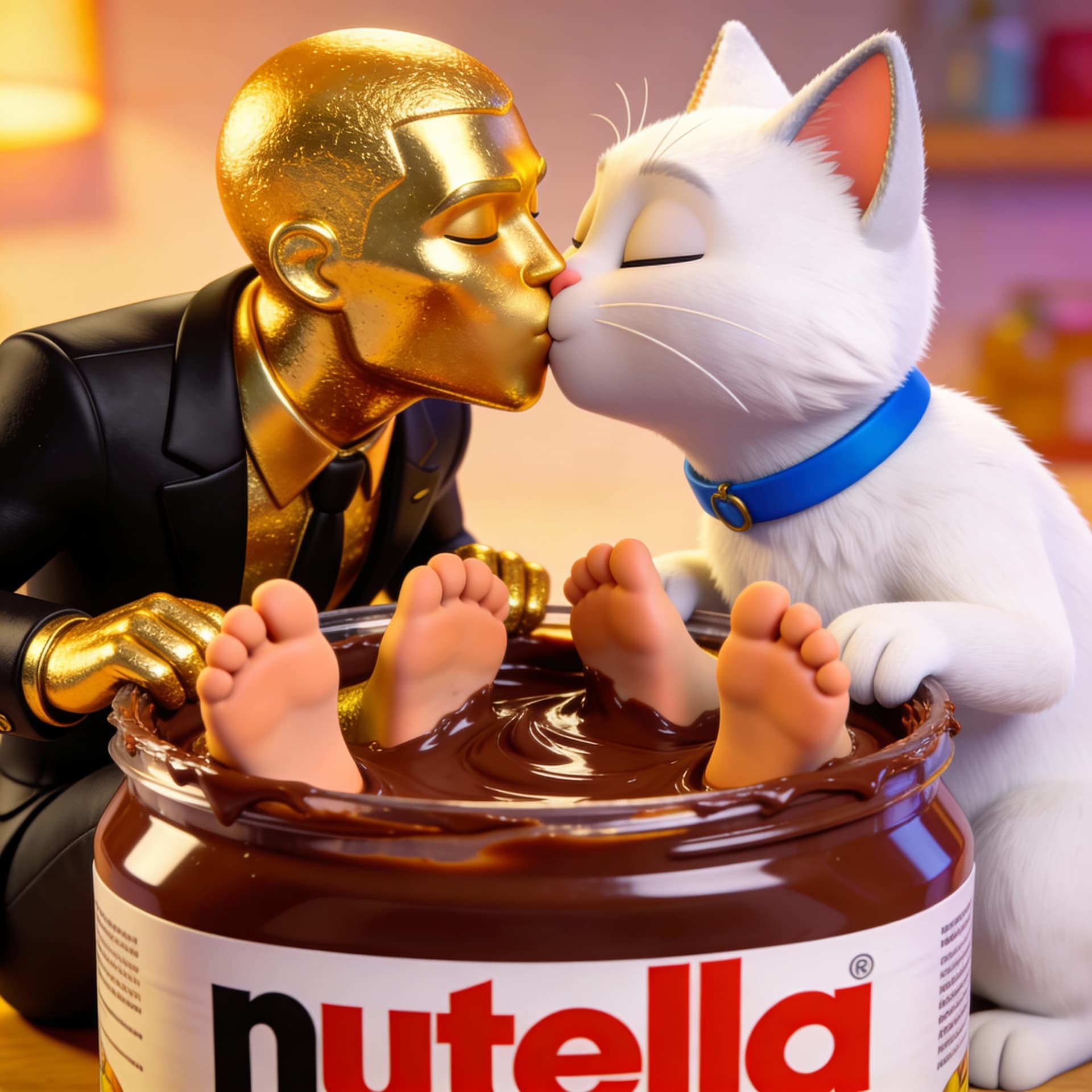 AI generated: midas from fortnite and meowsicle from fortnite kissing with their feet dipped in nutella tub