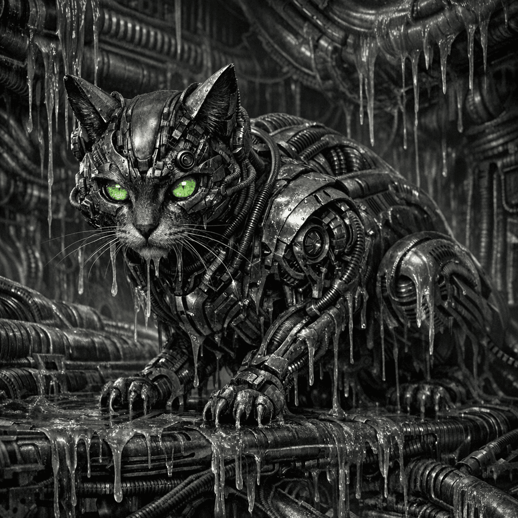 AI generated: cyborg cat, Giger style. spaceship background, sticky liquids,