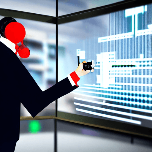 AI generated: Create a modern gaming image of a company manager at his office in a modern IT environment with a ma...
