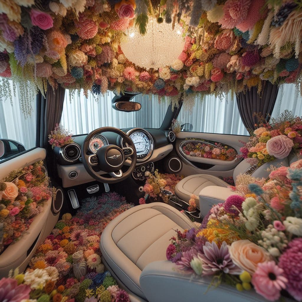 AI generated: A mini cooper interior, can a living space burst into life with a extravagant stage