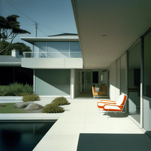 AI generated: Hyper realistic eye level exterior photo of a mid century modern style house overlooking the ocean, ...