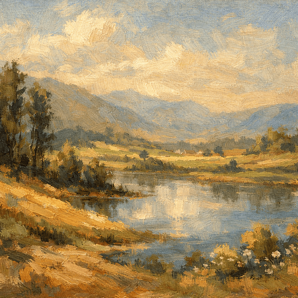 AI generated: Create a beautiful landscape that looks human made -- add brush strokes, whatever you can to give it...