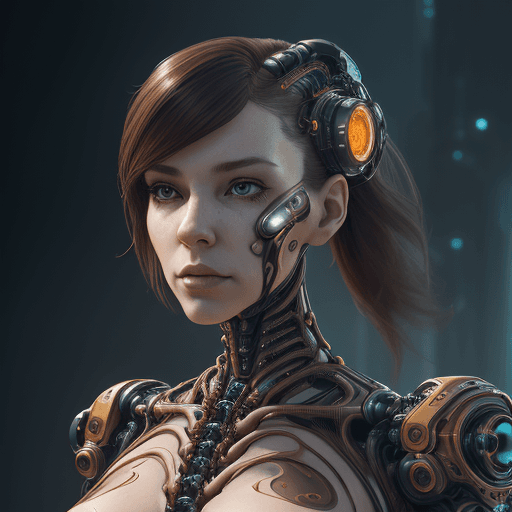 AI generated: a woman, upper body, pretty human face a woman, upper body, pretty human face 
Brown hair, (biomecha...