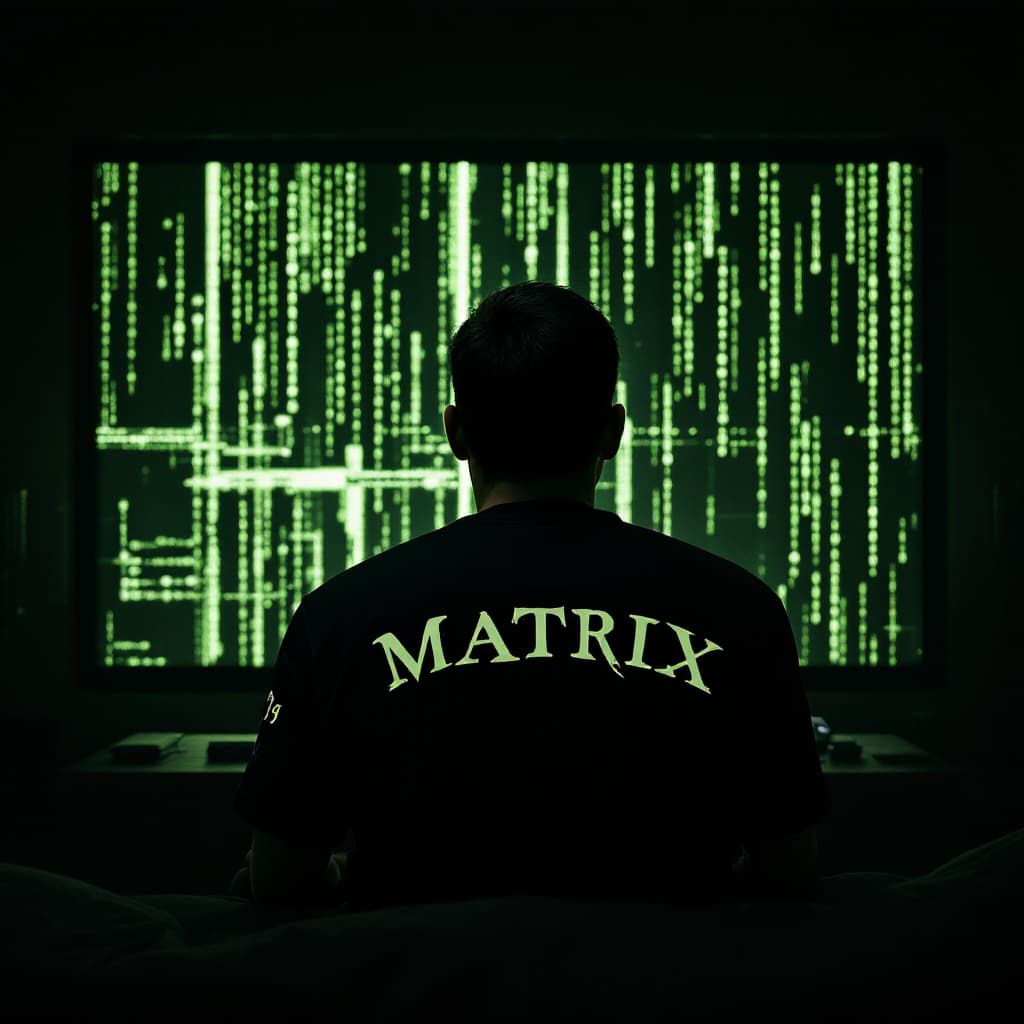 AI generated: A Matrix character wearing sangliers du vexin  club jersey watching you as he plays the playstation ...