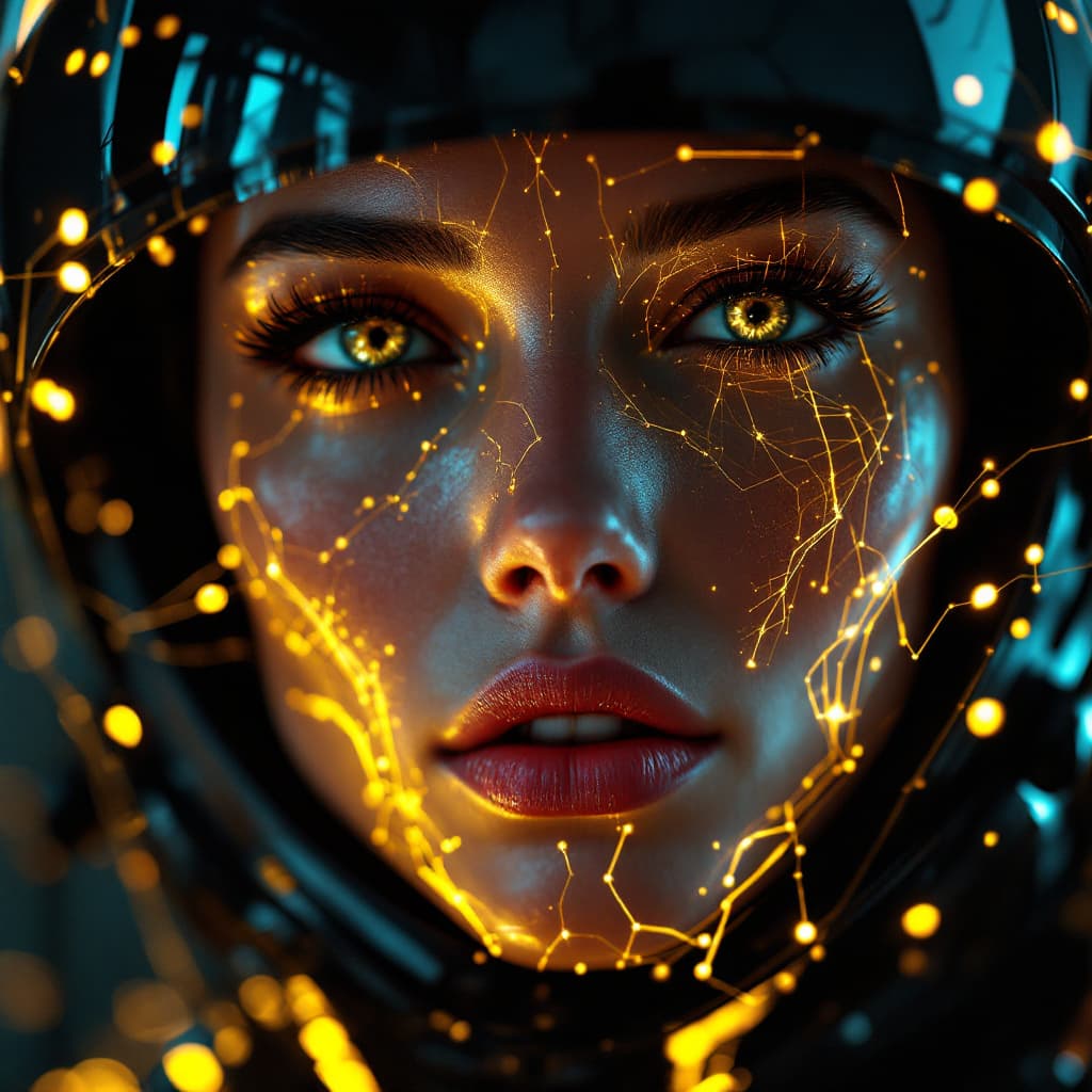 AI generated: man wearing a cyberpunk style shiny black helmet with robotic features, the reflection on her face i...