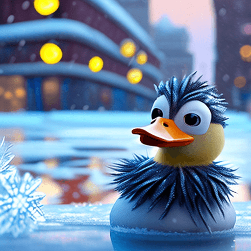 AI generated: Super-HAIRY DUCKIE" masterpiece concept art: A [Super-HAIRY DUCKIE] open poised amidst a frozen city...