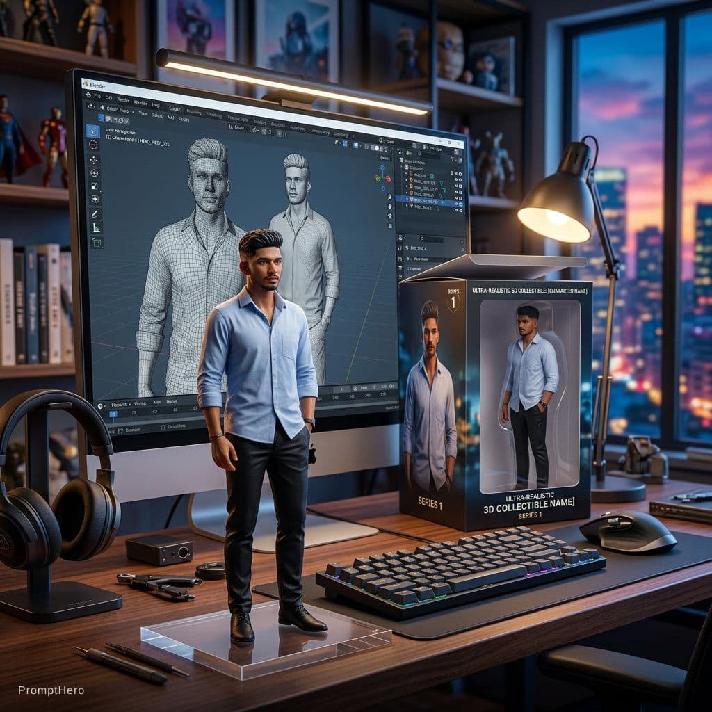 AI generated: Transforming the photographed person into a realistic 3D figurine in front of a computer desk. The c...