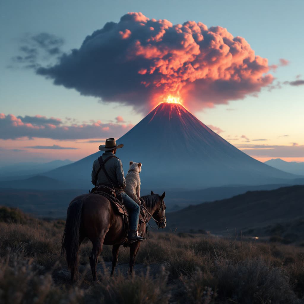 AI generated: A cowboy and his dog on horseback watching an erupting volcano in the style of Robert Pavon, a large...