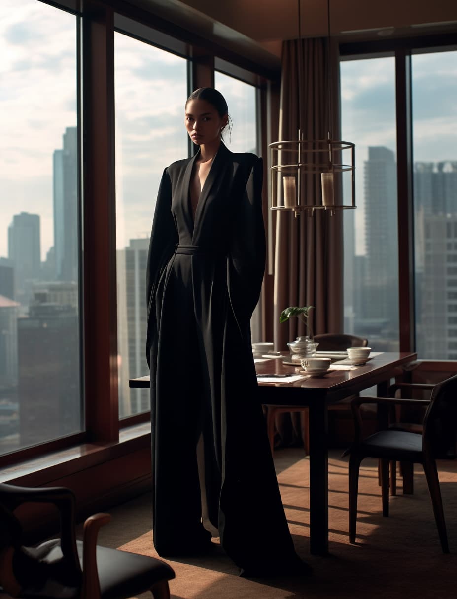 AI generated: a woman standing in a room next to a table, vman magazine, wearing dramatic aristocrat robe, long - ...