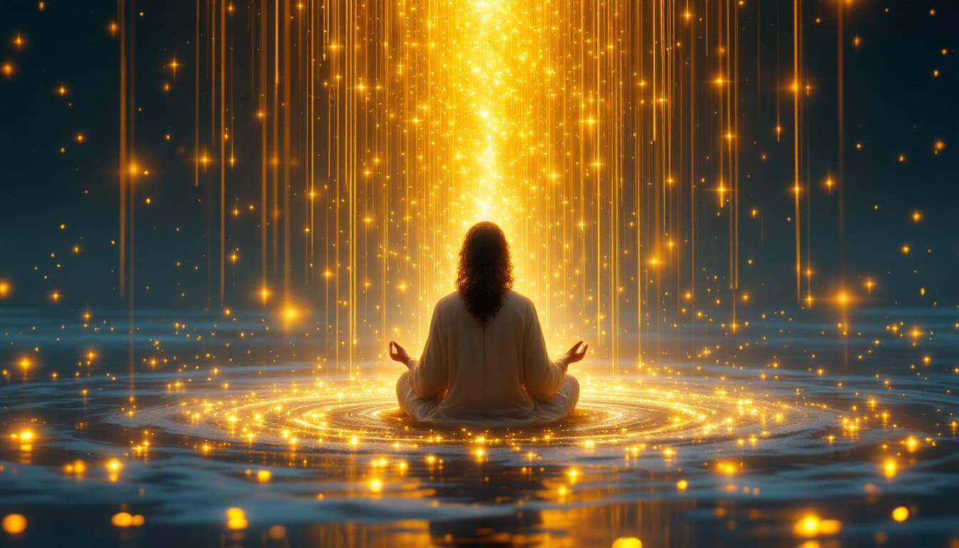 AI generated: jesuss
in a serenity state meditating calmly in lotus flower..receiving golden rain from milky way.s...