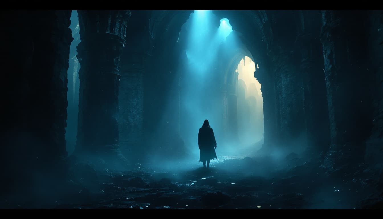 AI generated: A scene of eerie stillness where the first rays of light break through the gothic darkness. The air ...