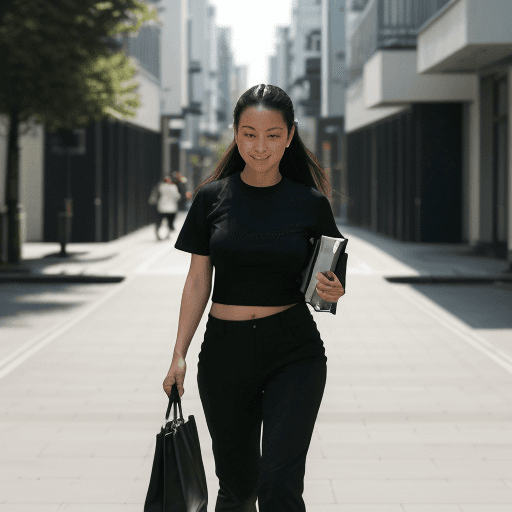 AI generated: The image features a  woman wearing a black shirt and black pants, walking down a street while carry...