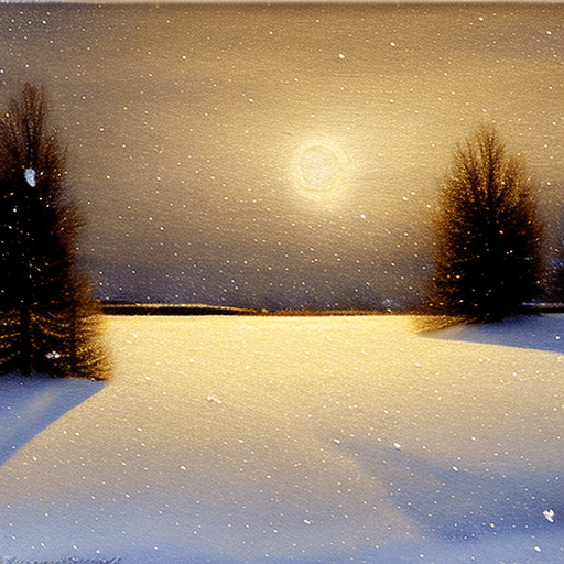 AI generated: snow storm at night.
ice crystals falling to the ground.
small faint golden light from the flat barr...