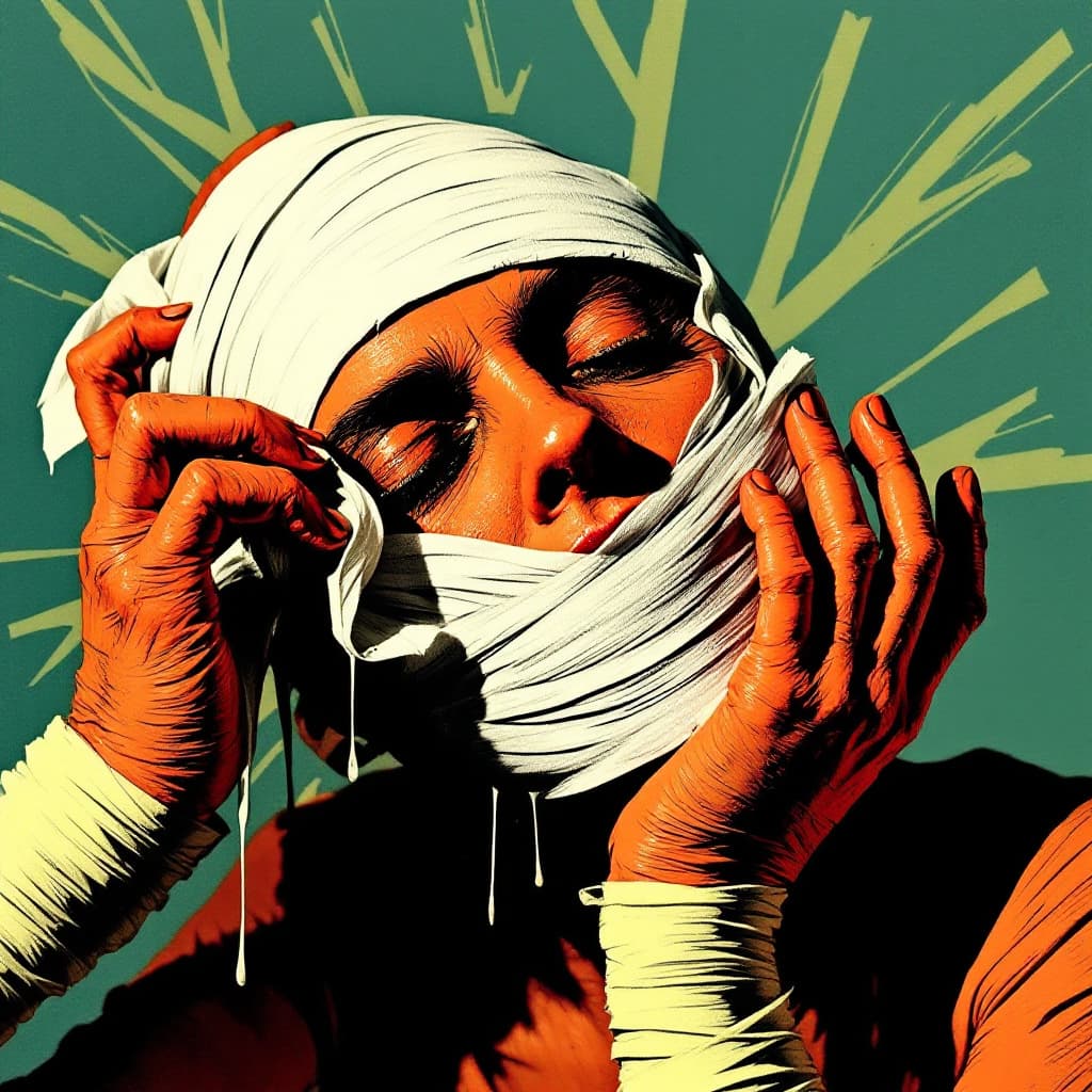 AI generated: A motherly mummy peeling of her bandages, in the style of 1960s pop art