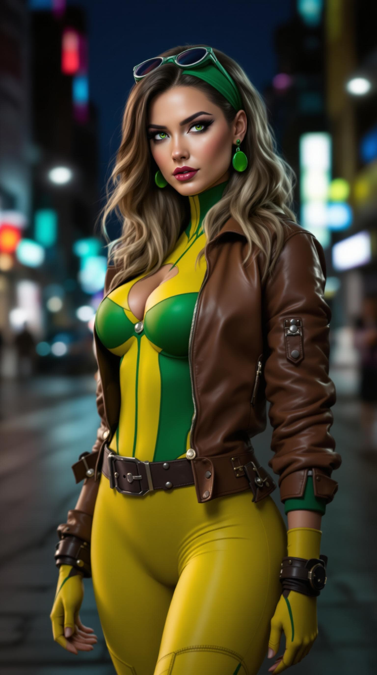 AI generated: The image features a character with striking features in a stylish superhero outfit. She has long, w...