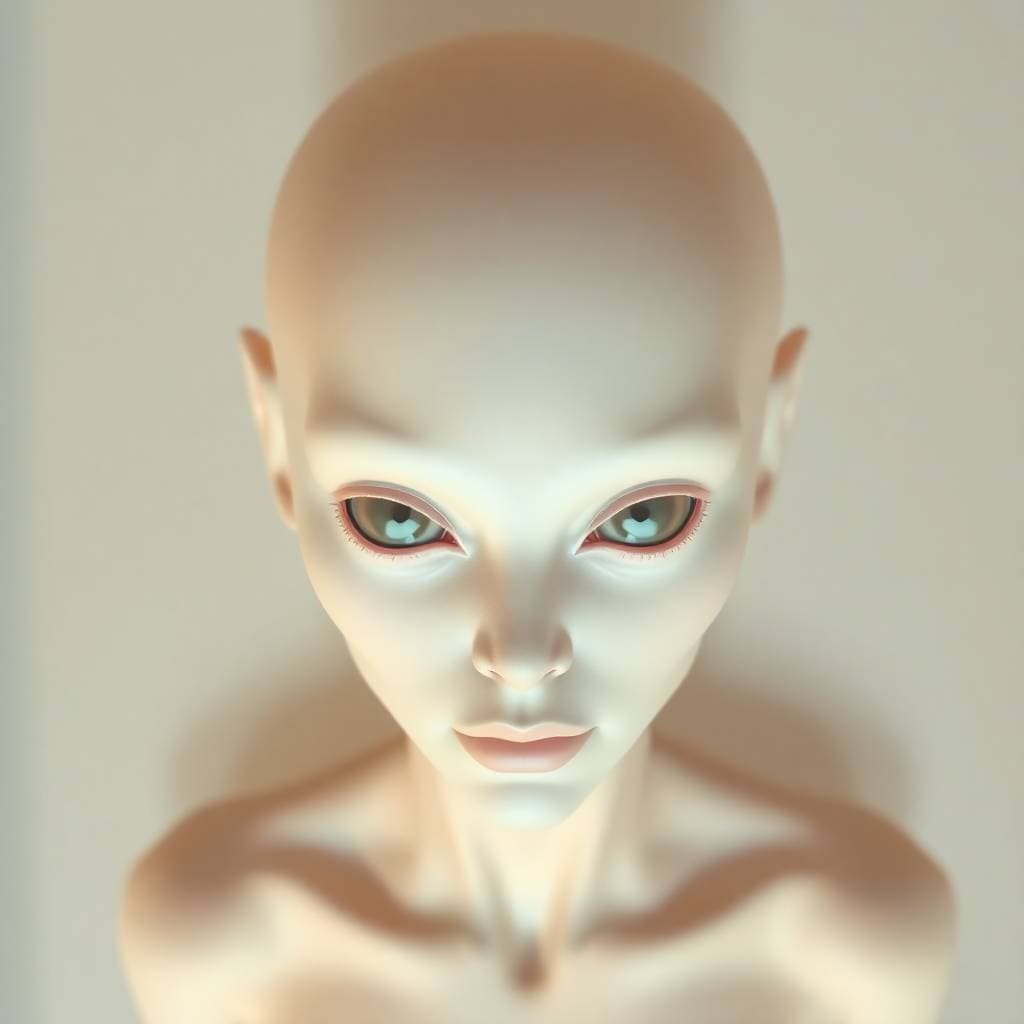 AI generated: a close-up of an alien with green eyes, a raytraced image, inspired by E. T. A. Hoffmann, deviantart...