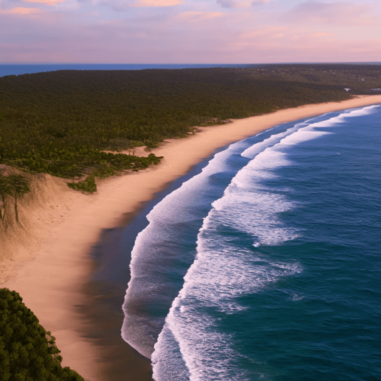 AI generated: oil on canvas,
soaring sky, sparse clouds above a beach below,
beautiful setting, evening, foregroun...