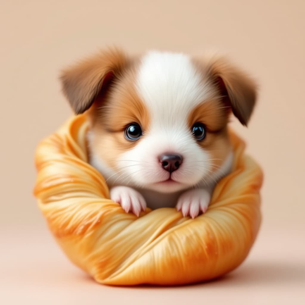 AI generated: make  image- It features a tiny, brown-and-white hybrid of a guinea pig head and a puppy body nestle...