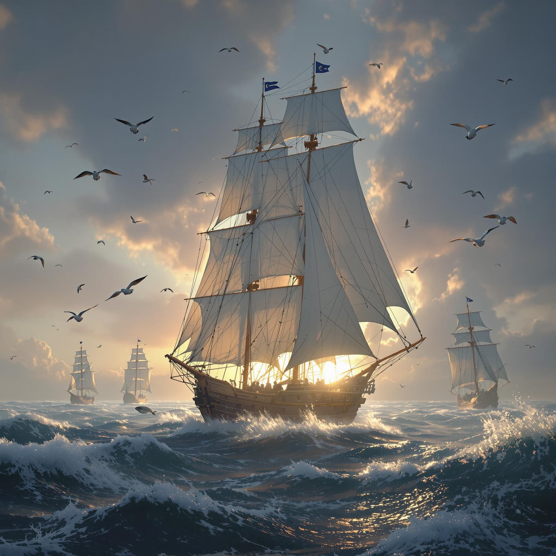 AI generated: Oil painting of an ultra-realistic racing boat for the year 2025, dramatic light, pale sunrise, wind...