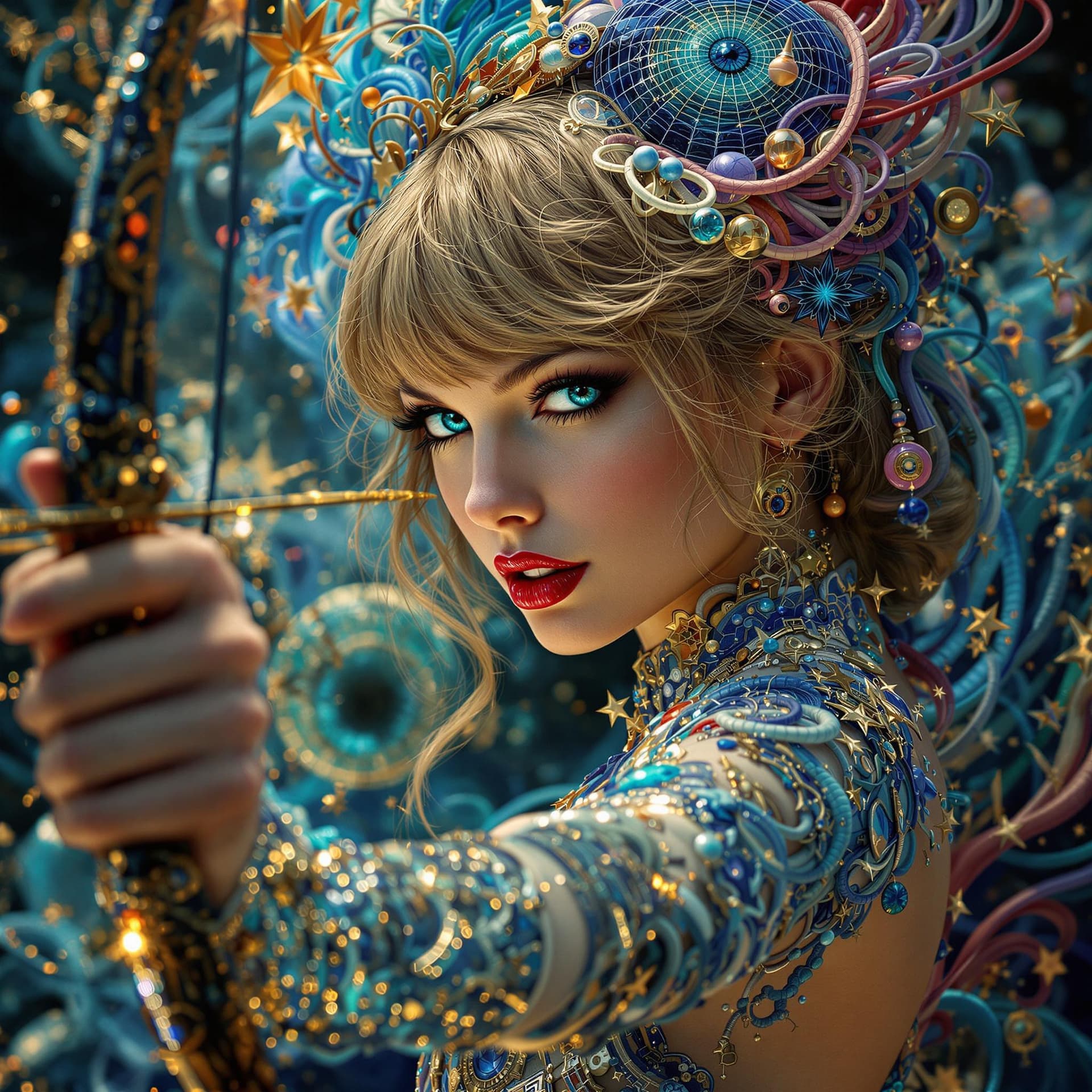 AI generated: The Archer, Taylor Swift, intricate artwork, octane render,  psychedelic, surreal, trippy artwork, c...