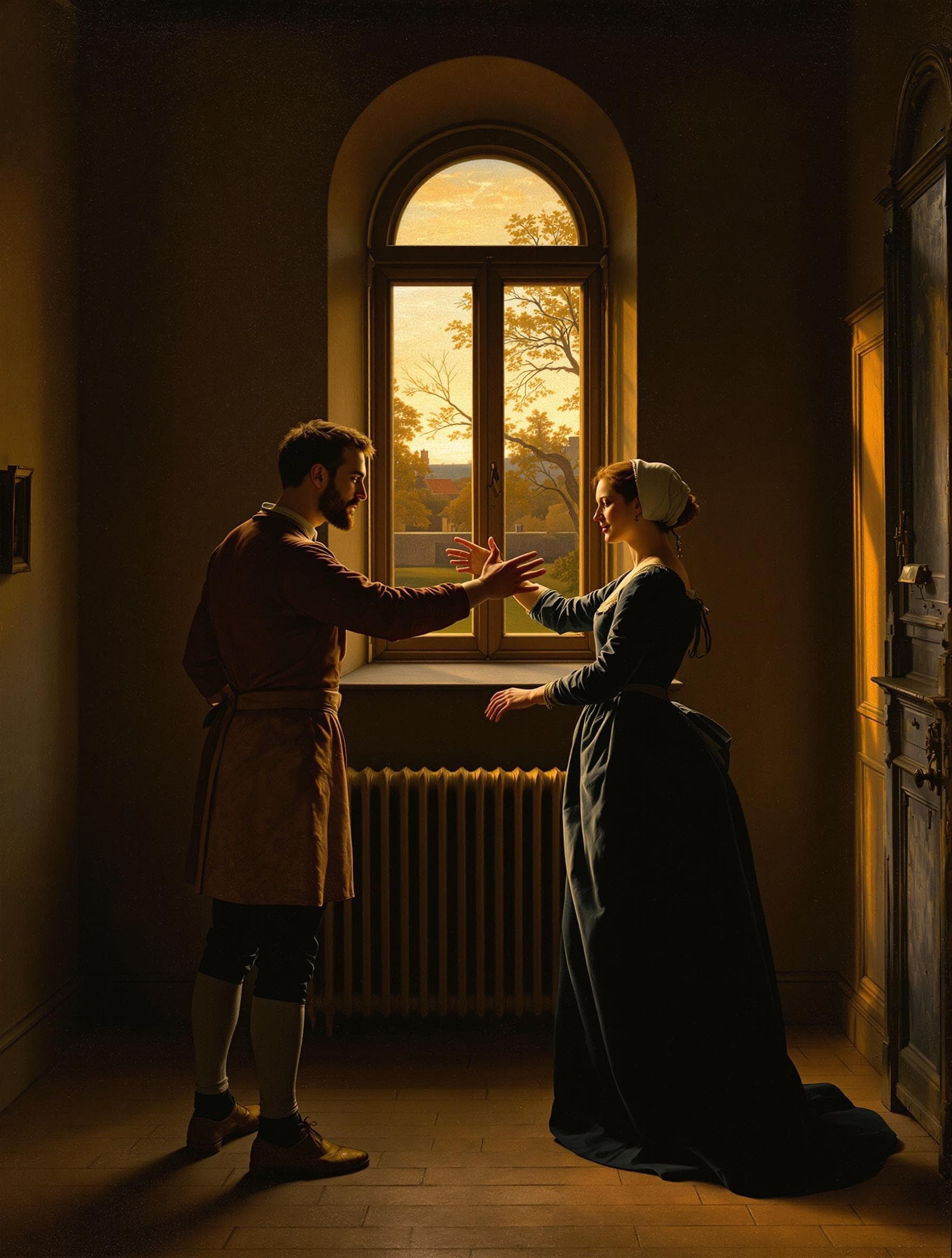 AI generated: in this 1500's era painting by Jan van Eyck a husband, standing in profile on the left in a sparsely...