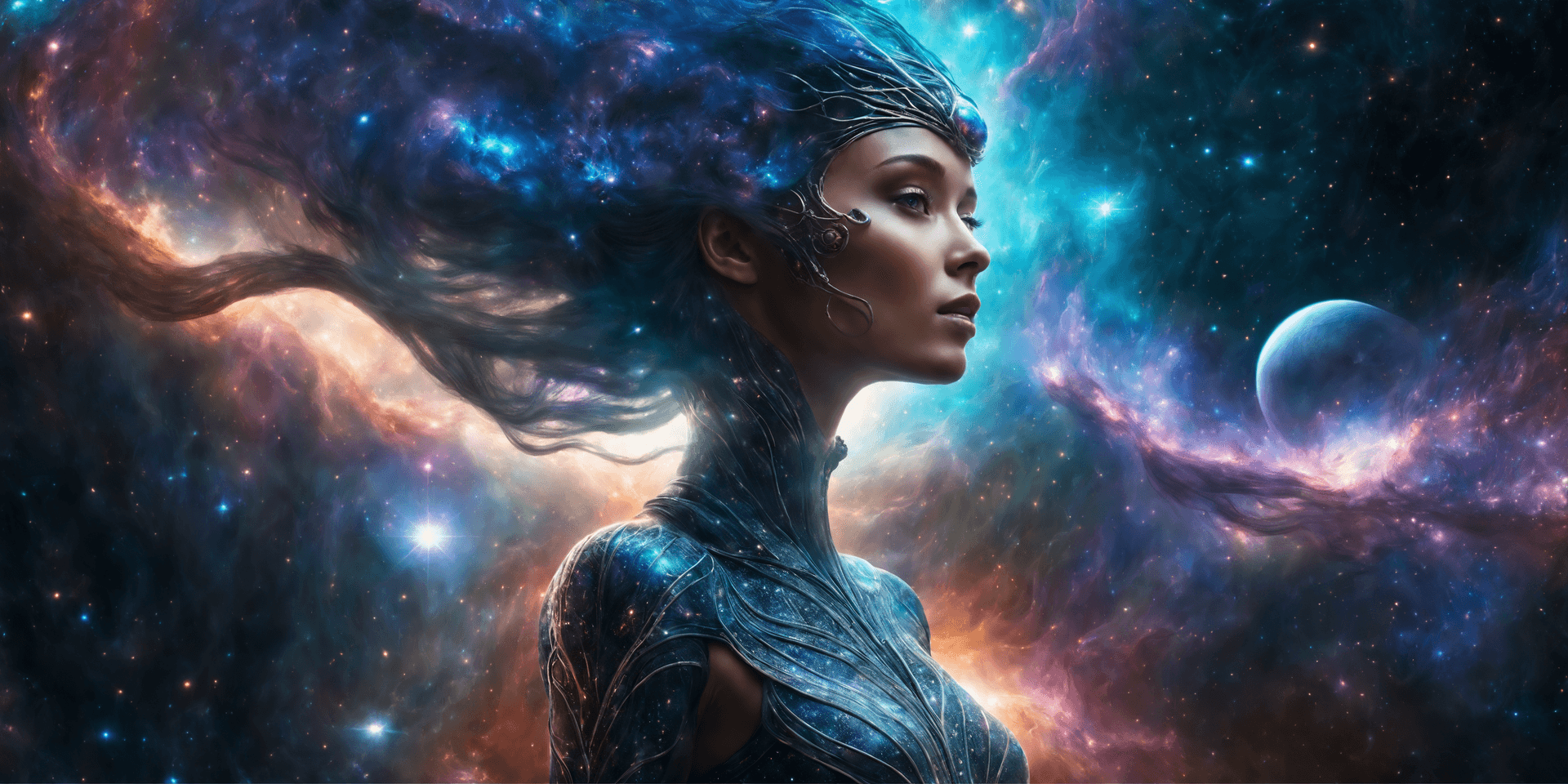 AI generated: Prompt: waist up portrait of intricate organic nebula neural clothes on alien with nebula galaxy for...
