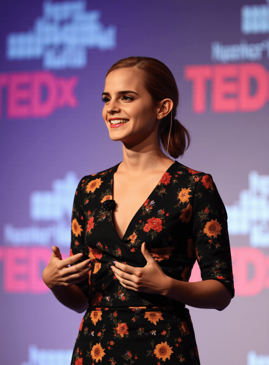 AI generated: a joung woman emma watson smiling while speaking on stage from TEDx, white background with TEDx illu...