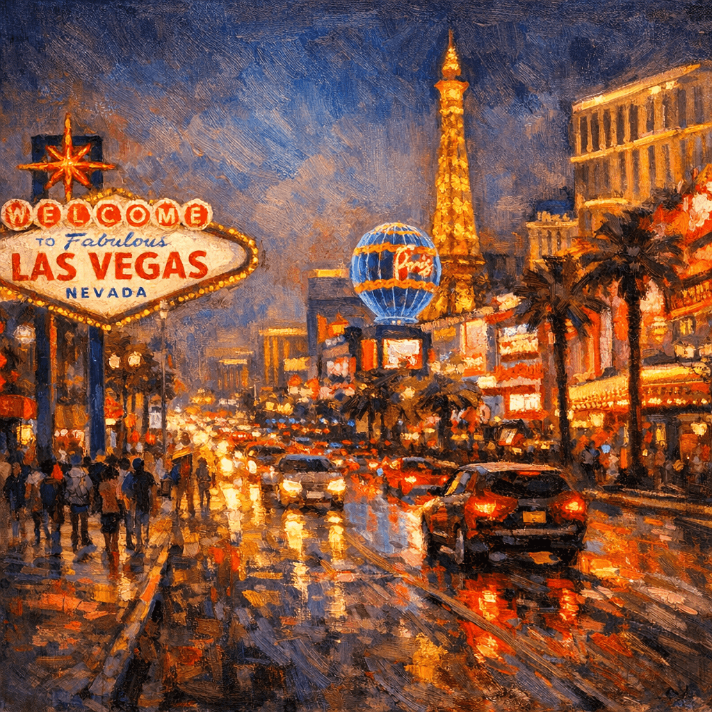 AI generated: oil painting, Las Vegas, cityscape, urban street, light effects