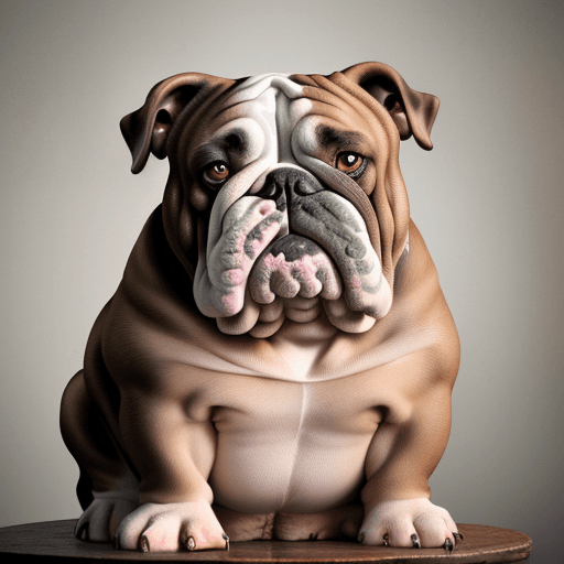 AI generated: A real natural old bulldog, in full seated facing directly to the camara but sad looking , with orig...