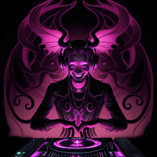 AI generated: a smiling dj., doing a silence gesture, in the style of nightmarish illustrations, pink and black, b...
